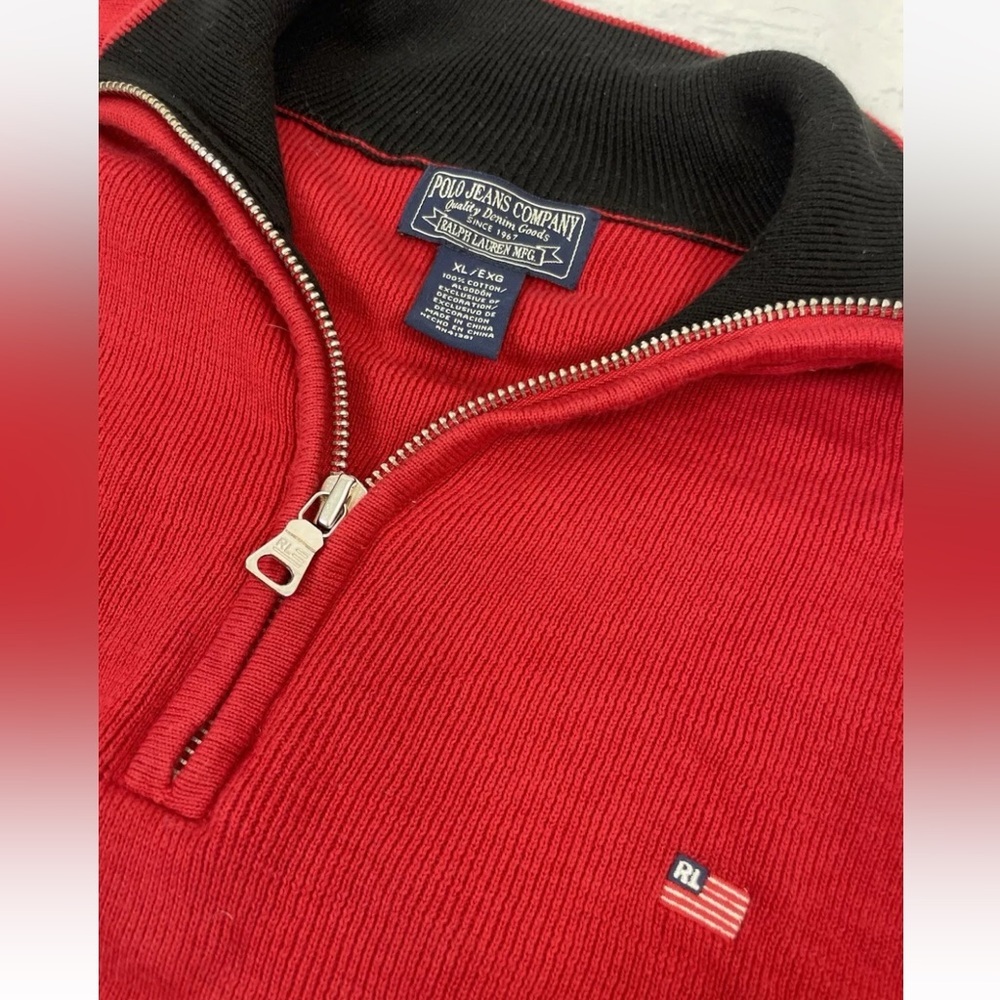 Polo Jeans Company Sweater Men's‎ XL 1/4 Zip Red Pullover Mock Neck Ribbed Top